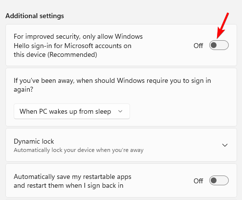 disable For improved security, only allow Windows Hello sign-in screen for Microsoft accounts on this device