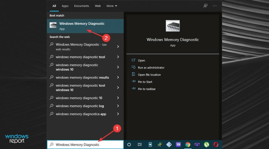 Windowsの検索バーでWindowsメモリ診断を検索