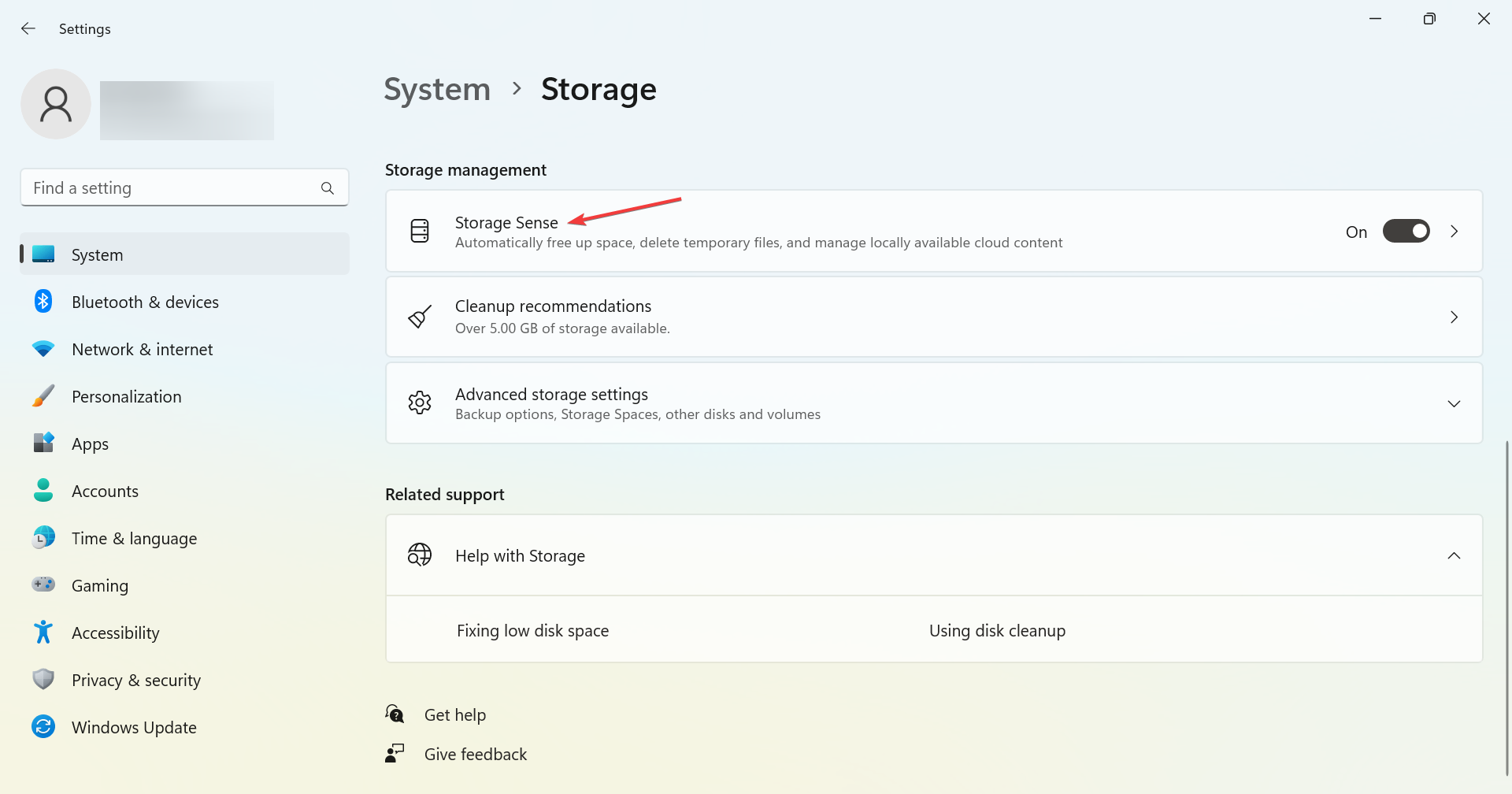 storage sense per eliminare file cab temporanei di windows