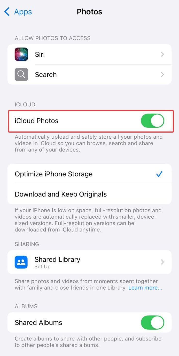 reactivar fotos de iCloud para arreglar un error ocurrido al cargar una versión de mayor calidad de este video