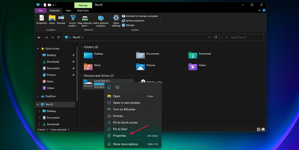 Windows 11のファイルマネージャーのドライブのプロパティ