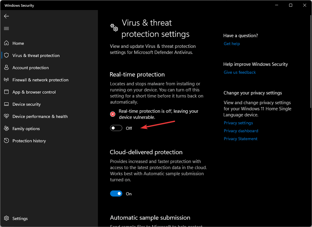 Protección en tiempo real desactivada EERROR_OPLOCK_SWITCHED_TO_NEW_HANDLE