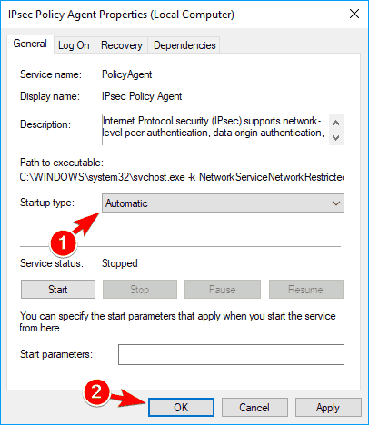 IPsec Policy Agent Properties set startup type as Automatic