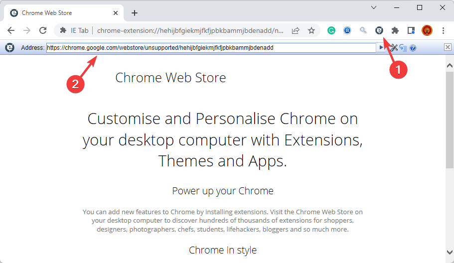 barre d'outils IE Tab sur Chrome