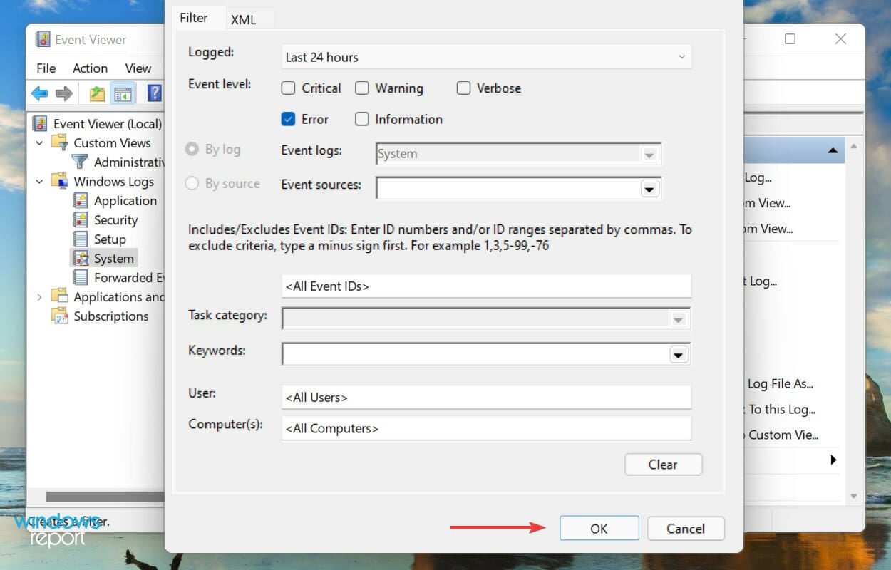 Windows 11 오류 로그를 보기 위해 확인 클릭하기