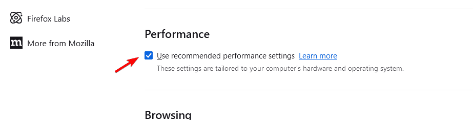 usar configuraciones de rendimiento recomendadas firefox
