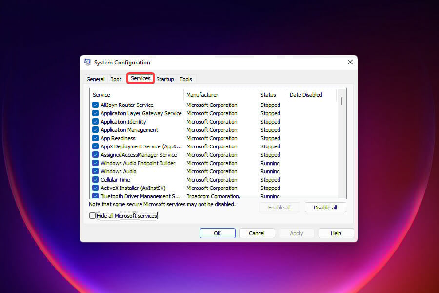 Services tab in System configuration