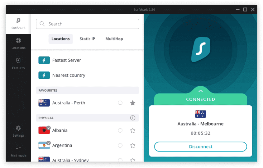 Interfaccia VPN Surfshark