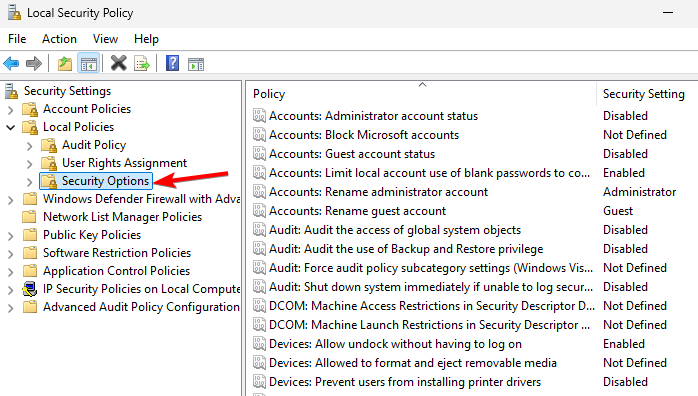 security options local security policy window