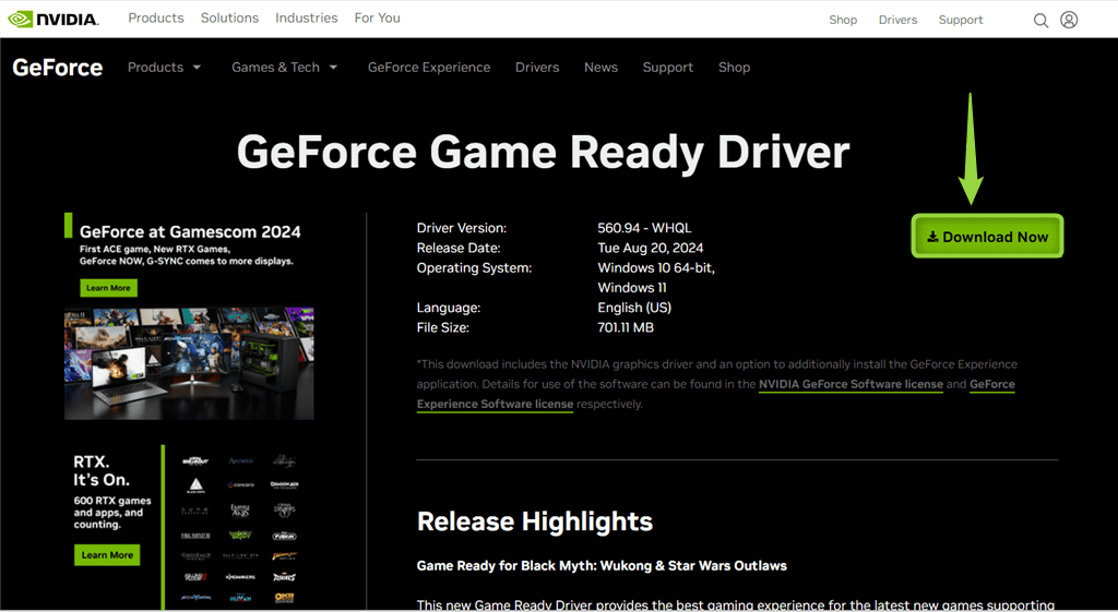 clique no botão baixar agora para baixar o driver nvidia