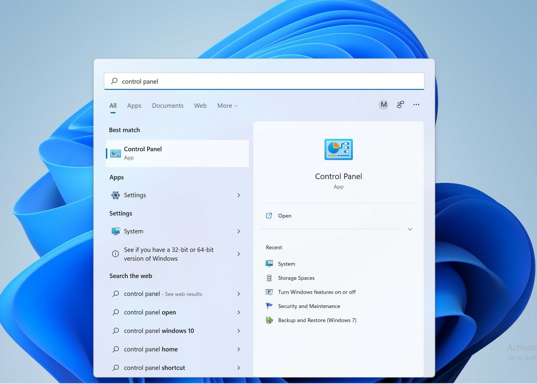 Apertura del pannello di controllo utilizzando il menu Start