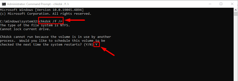 Type chkdsk /f /r