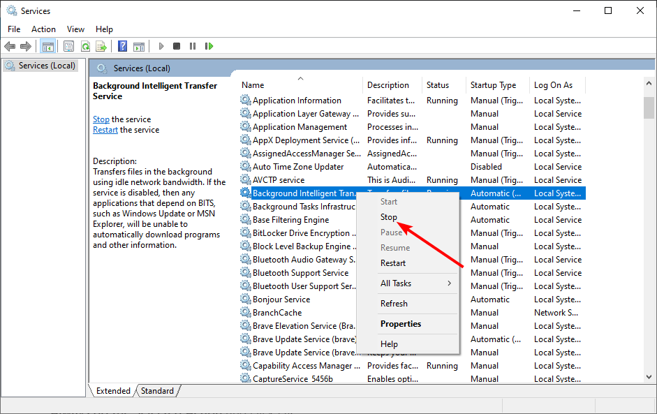 stop background windows update service not running