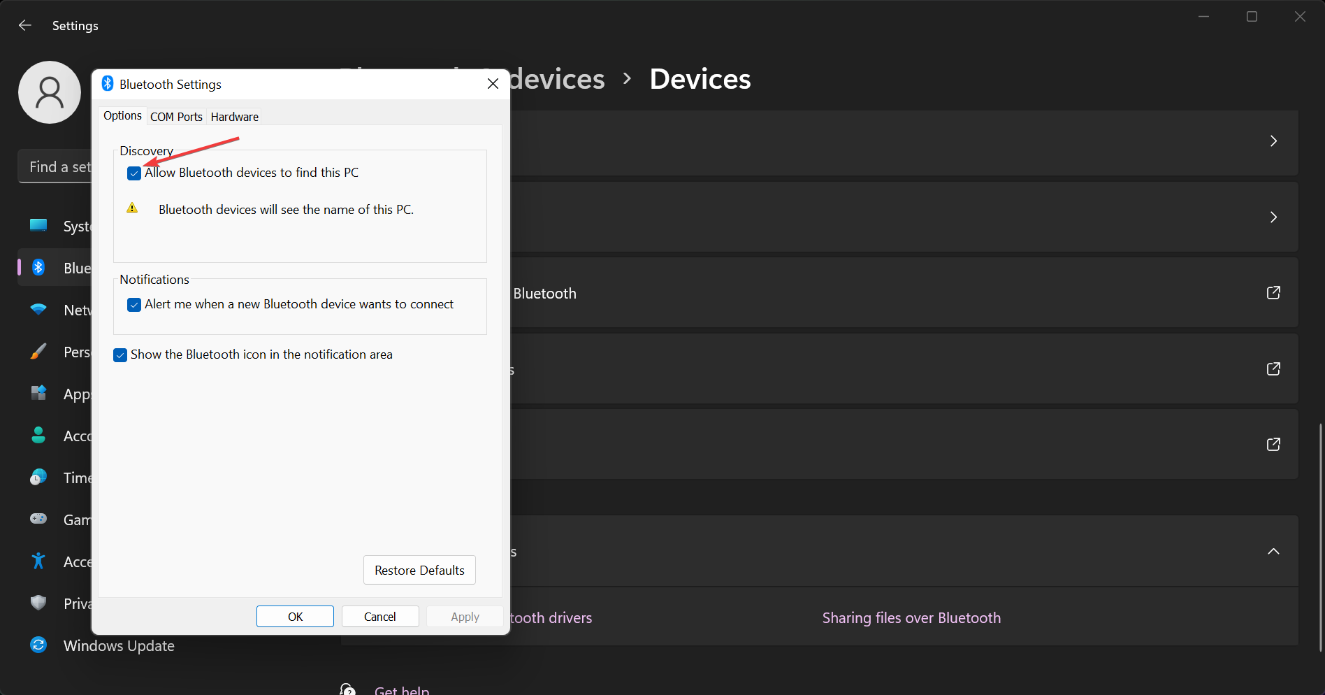 permitir que los dispositivos Bluetooth encuentren este pc