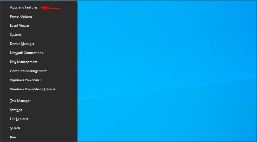 aplicaciones y características menú win + x windows 10