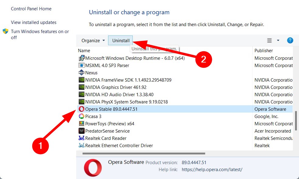 Programs and Features Opera uninstall