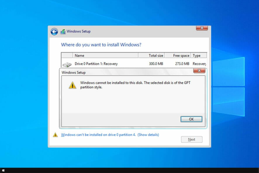 Windows ne peut pas être installé sur ce disque