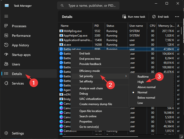 Battle.net.exe、優先度の設定を選択し、高を選択