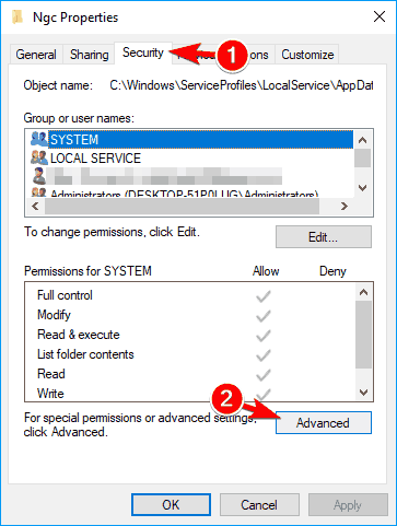 security tab Ngc properties