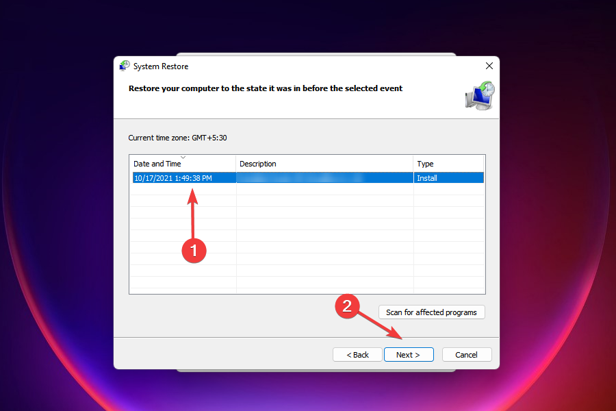 Select a restore point