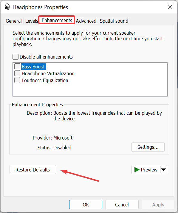 restaurar padrões para corrigir fones de ouvido não funcionando windows 11