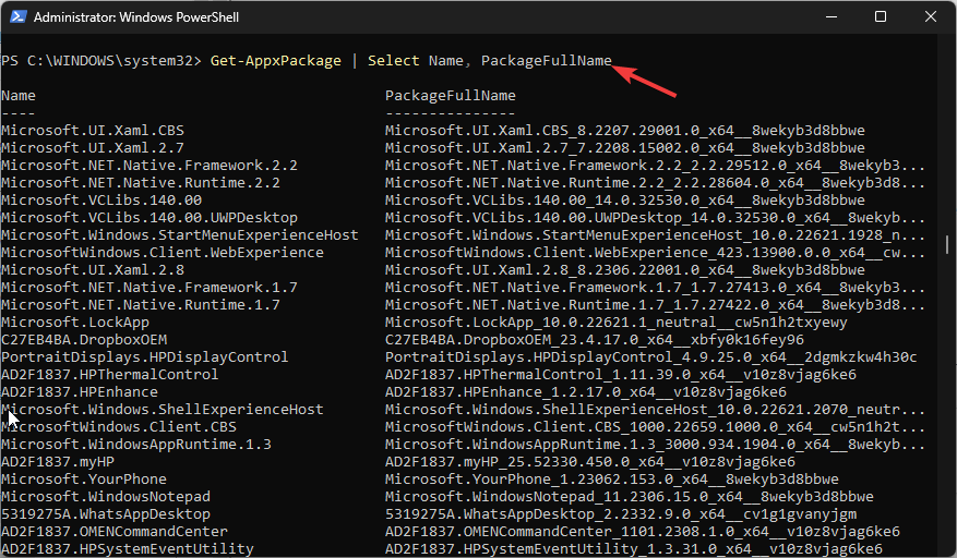 Get-AppxPackage | Select Name, PackageFullName