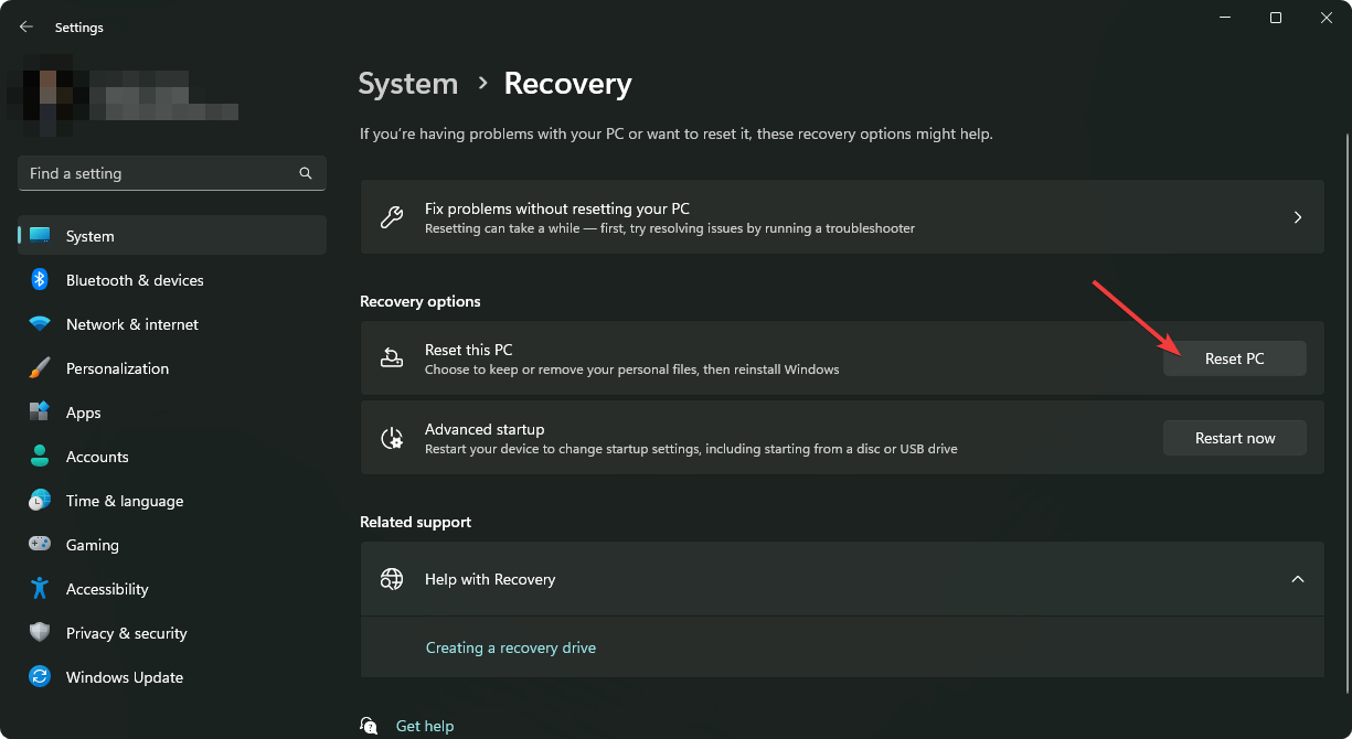 Klicken auf PC zurücksetzen in den Einstellungen von Windows 11