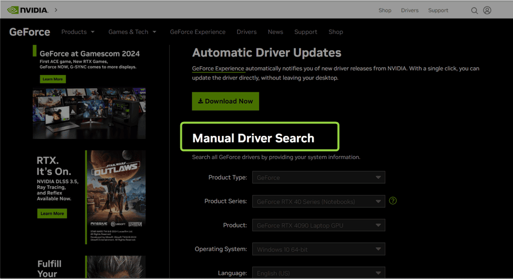 navegando até a opção de pesquisa manual de drivers