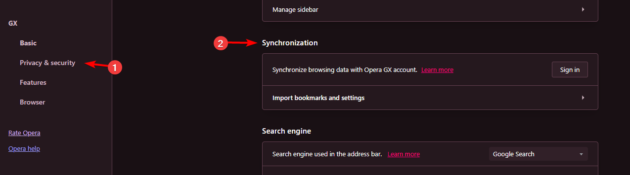 synchronisationseinstellungen im datenschutz- und sicherheitsbereich opera gx