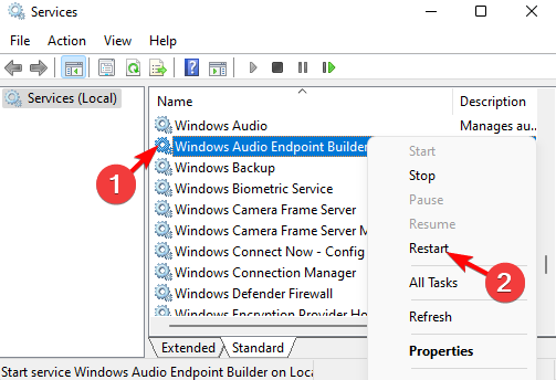 riavvia Windows Audio Endpoint Builder
