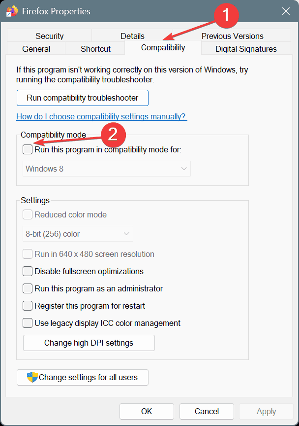 desativar modo de compatibilidade para corrigir falha no Firefox EXCEÇÃO_ACESSO_VIOLAÇÃO_LEITURA