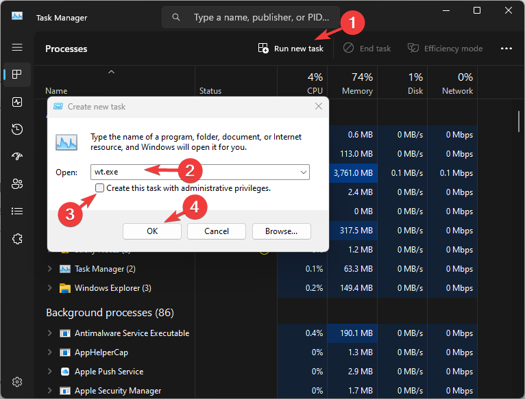 Use Task Manager to open Windows Terminal
