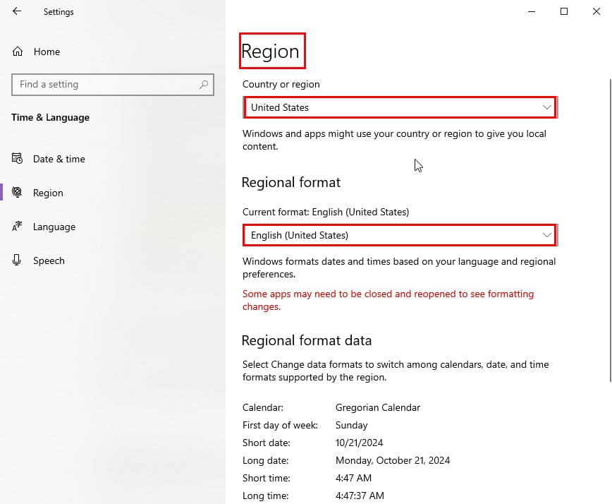 region settings