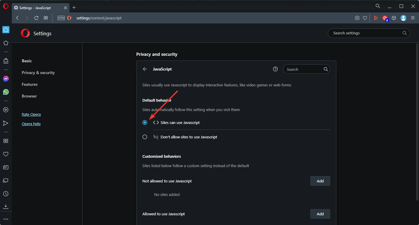activer javascript navigateur opera