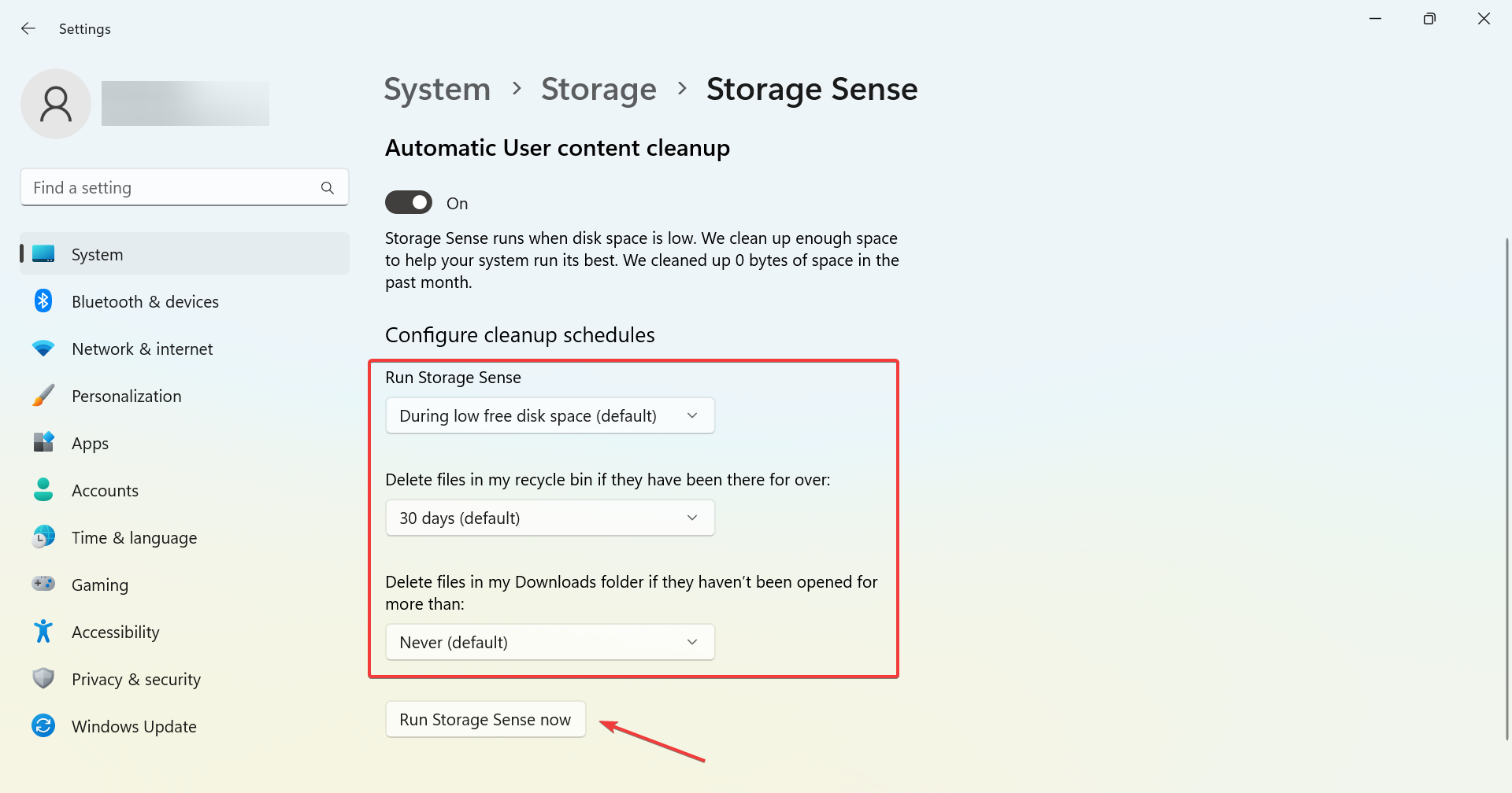 esegui storage sense ora
