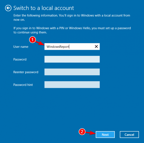 enter local account credentials