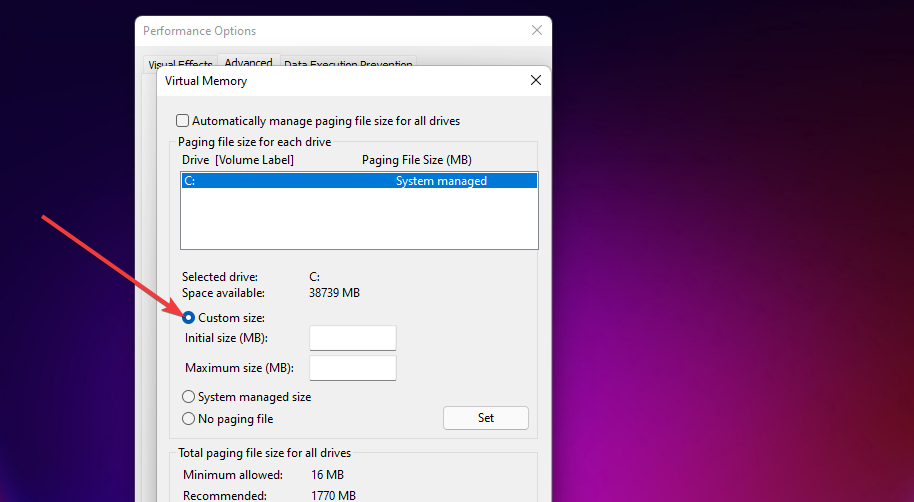 The Custom size option windows 11 keeps freezing