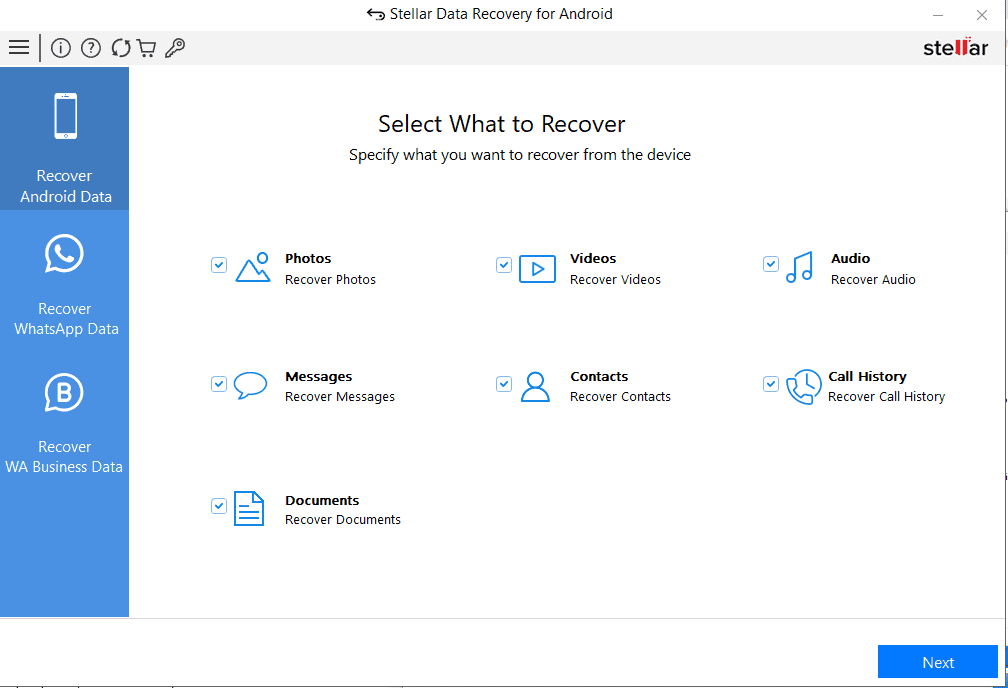 Wählen Sie Daten für die Wiederherstellung mit Stellar Data Recovery für Android