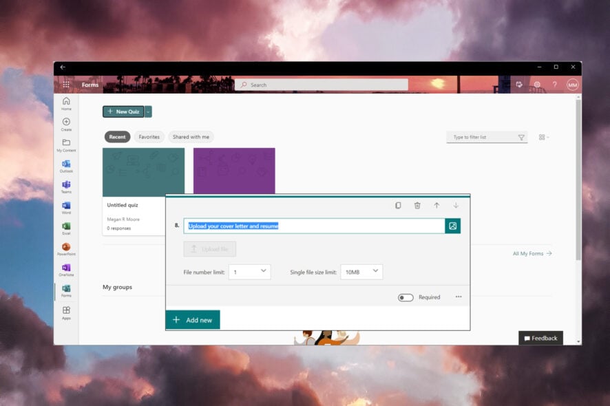 Изображение функции, которая не видна в Microsoft Forms.