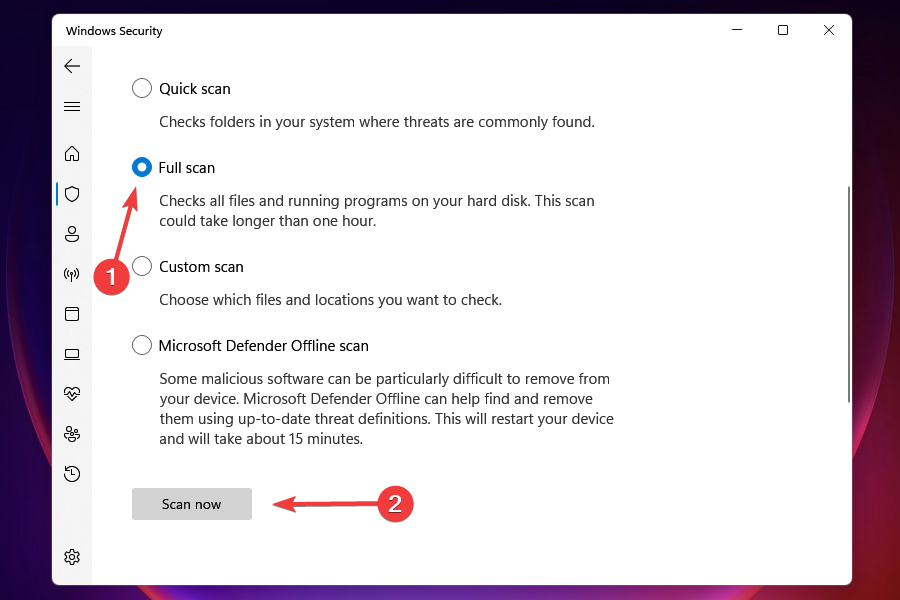 Exécuter une analyse complète pour résoudre le redémarrage aléatoire dans Windows 11