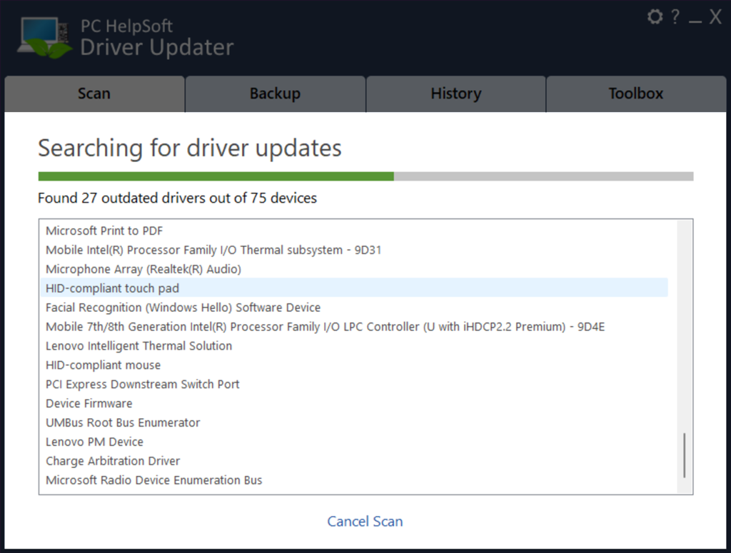 buscando actualizaciones de controladores en el actualizador de controladores pc helpsoft