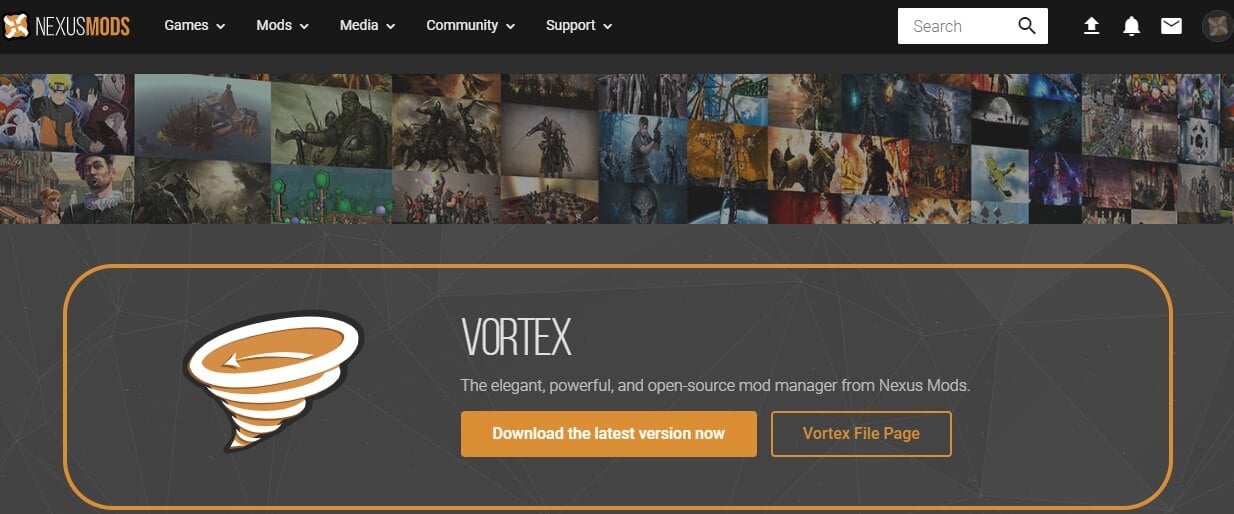 Pagina di download di Vortex - il nexus mod manager non è impostato per funzionare con skyrim