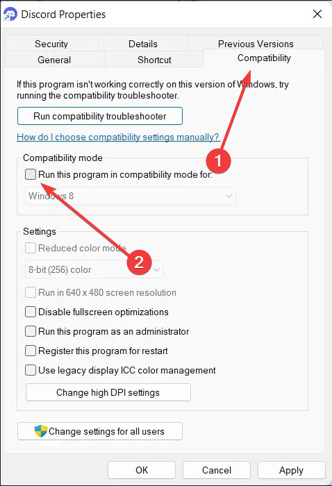 paramètre de compatibilité pour discord