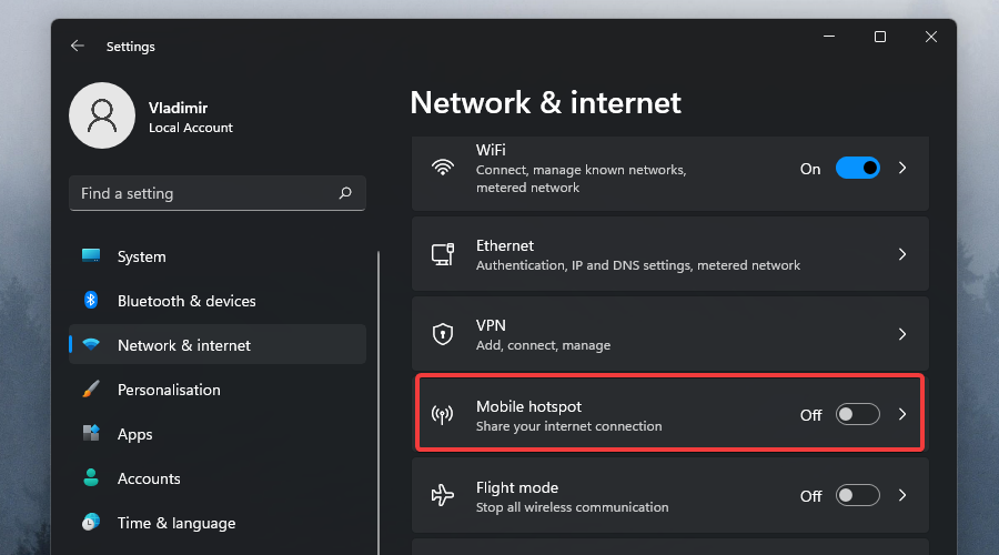 network and internet mobile hotspot windows 11