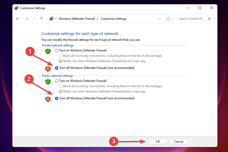 Disabilita firewall sia per reti pubbliche che private