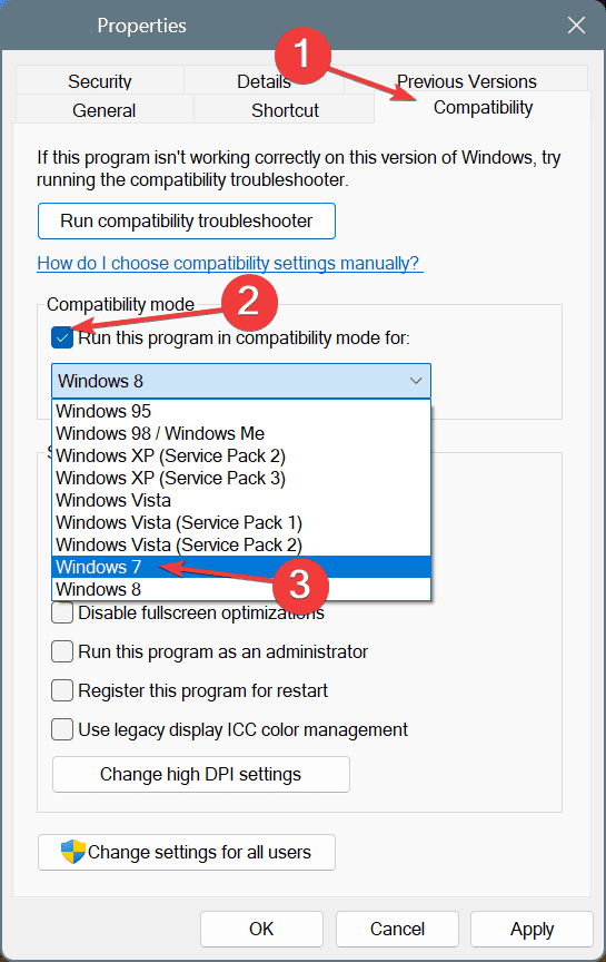 режим совместимости для исправления ERROR_IMAGE_MACHINE_TYPE_MISMATCH_EXE