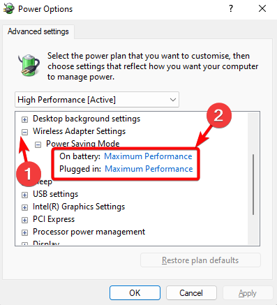 change wireless adapter settings to maximum performance