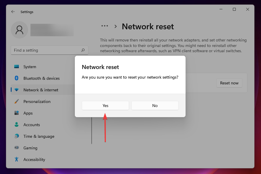 Netzwerk zurücksetzen bestätigen