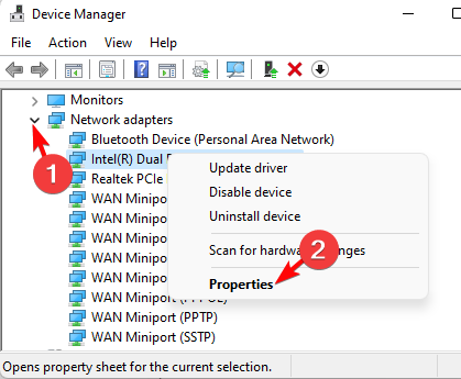 Intel(R) Dual Band Wireless-AC 3160 properties