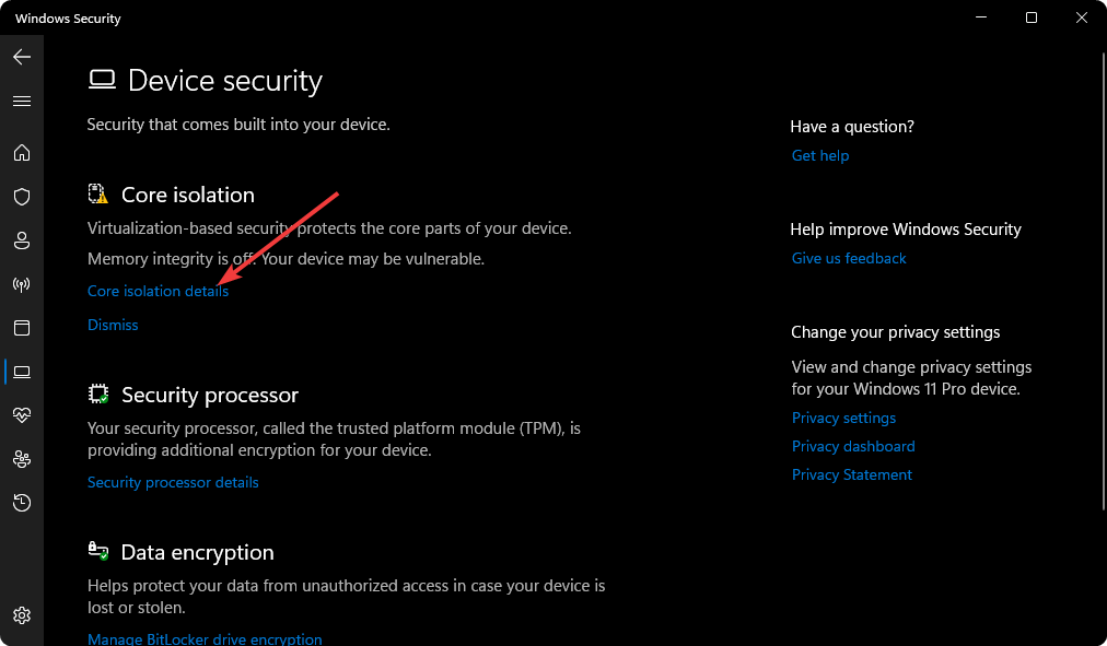 Gehen zu den Details der Kernisolierung in Windows-Sicherheit